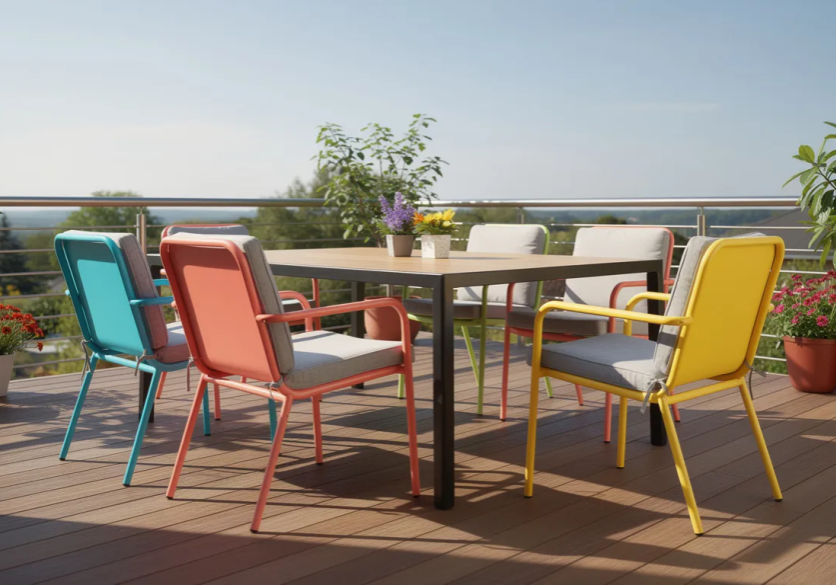 Colorful patio chairs around table with plants
