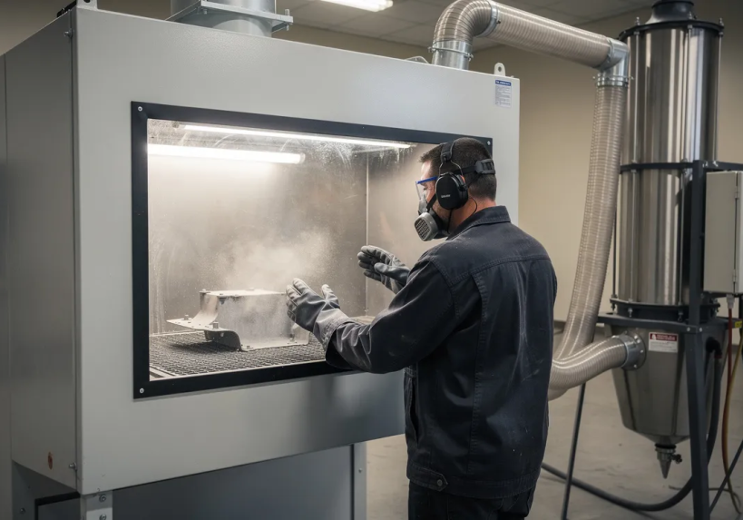 Technician sandblasting metal part in enclosed cabinet