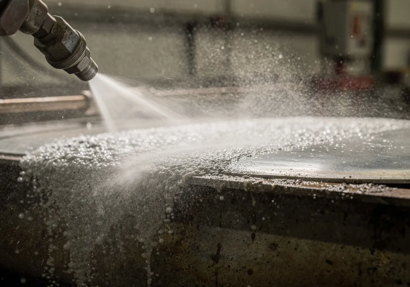 Industrial nozzle spraying water onto metal surface